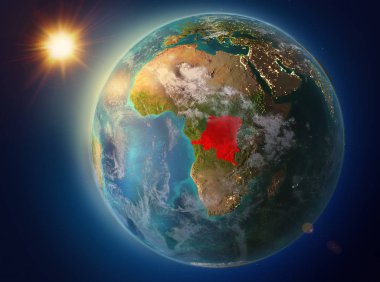 Günbatımı red Planet Earth atmosfer ve bulutlar ile vurgulanmış Kongo Demokratik Cumhuriyeti yukarıda. 3D çizim. Nasa tarafından döşenmiş bu görüntü unsurları.