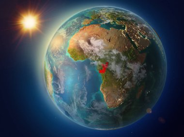 Günbatımı yukarıda Kongo red Planet Earth atmosfer ve bulutlar ile vurgulanır. 3D çizim. Nasa tarafından döşenmiş bu görüntü unsurları.