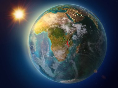 Günbatımı red Planet Earth atmosfer ve bulutlar ile vurgulanmış Malavi yukarıda. 3D çizim. Nasa tarafından döşenmiş bu görüntü unsurları.