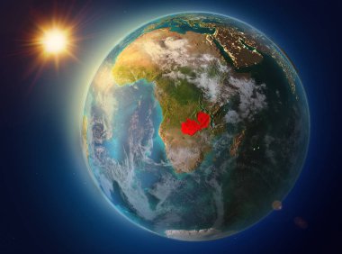 Günbatımı red Planet Earth atmosfer ve bulutlar ile vurgulanmış Zambiya yukarıda. 3D çizim. Nasa tarafından döşenmiş bu görüntü unsurları.