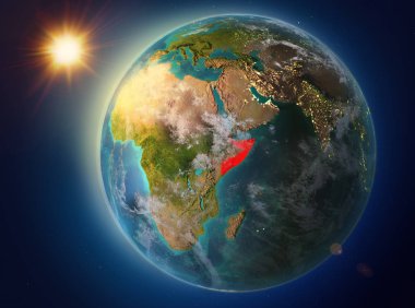 Günbatımı red Planet Earth atmosfer ve bulutlar ile vurgulanmış Somali yukarıda. 3D çizim. Nasa tarafından döşenmiş bu görüntü unsurları.