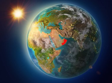 Günbatımı red Planet Earth atmosfer ve bulutlar ile vurgulanmış Umman yukarıda. 3D çizim. Nasa tarafından döşenmiş bu görüntü unsurları.