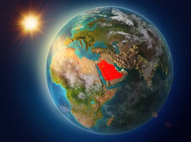 Günbatımı yukarıda Suudi Arabistan Planet Earth atmosfer ve bulutlar ile kırmızı vurgulanır. 3D çizim. Nasa tarafından döşenmiş bu görüntü unsurları.