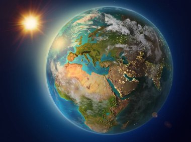 Günbatımı red Planet Earth atmosfer ve bulutlar ile vurgulanmış Lübnan yukarıda. 3D çizim. Nasa tarafından döşenmiş bu görüntü unsurları.