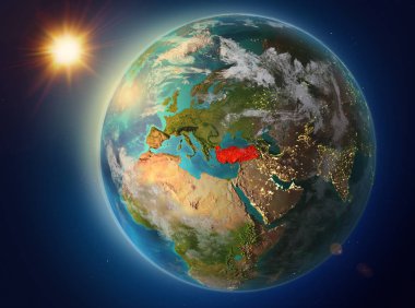 Günbatımı red Planet Earth atmosfer ve bulutlar ile vurgulanmış Türkiye yukarıda. 3D çizim. Nasa tarafından döşenmiş bu görüntü unsurları.