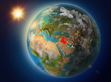 Günbatımı red Planet Earth atmosfer ve bulutlar ile vurgulanmış Irak yukarıda. 3D çizim. Nasa tarafından döşenmiş bu görüntü unsurları.