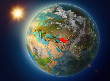 Günbatımı red Planet Earth atmosfer ve bulutlar ile vurgulanmış Türkmenistan yukarıda. 3D çizim. Nasa tarafından döşenmiş bu görüntü unsurları.