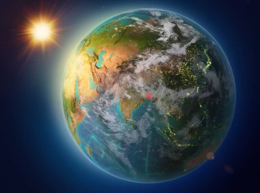 Günbatımı red Planet Earth atmosfer ve bulutlar ile vurgulanmış Bangladeş yukarıda. 3D çizim. Nasa tarafından döşenmiş bu görüntü unsurları.