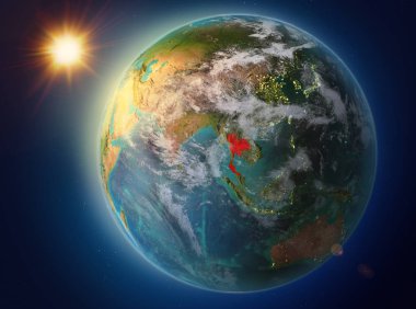 Günbatımı yukarıda Tayland red Planet Earth atmosfer ve bulutlar ile vurgulanır. 3D çizim. Nasa tarafından döşenmiş bu görüntü unsurları.