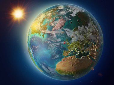 Günbatımı red Planet Earth atmosfer ve bulutlar ile vurgulanmış İrlanda yukarıda. 3D çizim. Nasa tarafından döşenmiş bu görüntü unsurları.