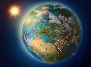 Günbatımı red Planet Earth atmosfer ve bulutlar ile vurgulanmış Moldova yukarıda. 3D çizim. Nasa tarafından döşenmiş bu görüntü unsurları.