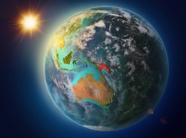 Papua Yeni Gine kırmızı Planet Earth atmosfer ve bulutlar ile vurgulanan yukarıda gün batımı. 3D çizim. Nasa tarafından döşenmiş bu görüntü unsurları.