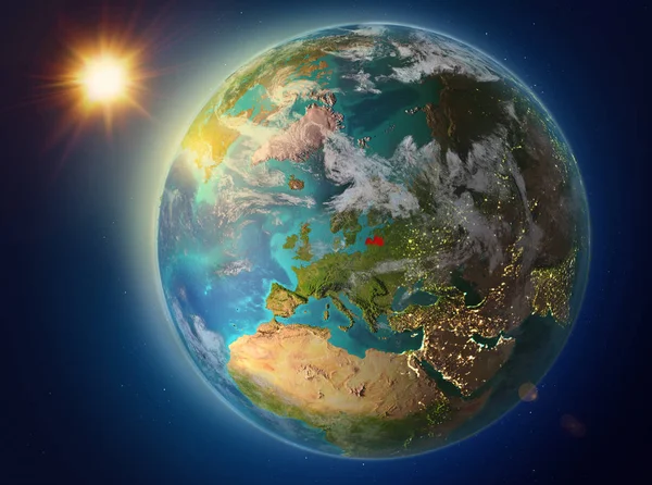 Pôr Sol Acima Letônia Destacado Vermelho Planeta Terra Com Atmosfera — Fotografia de Stock