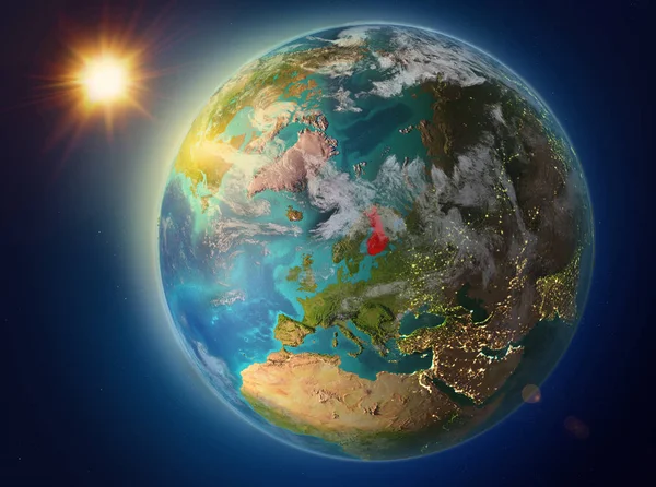 Pôr Sol Acima Finlândia Destacado Vermelho Planeta Terra Com Atmosfera — Fotografia de Stock