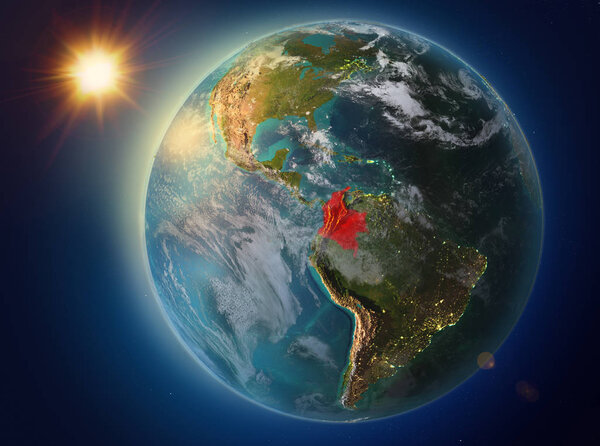 Sunset above Colombia highlighted in red on planet Earth with atmosphere and clouds. 3D illustration. Elements of this image furnished by NASA.