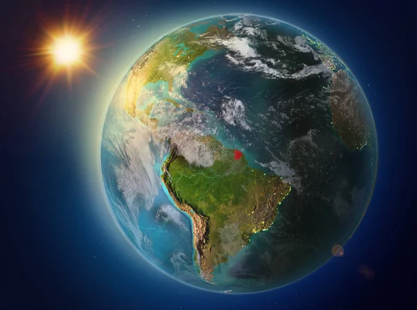 Puesta Sol Sobre Guayana Francesa Resaltada Rojo Planeta Tierra Con —  Fotos de Stock