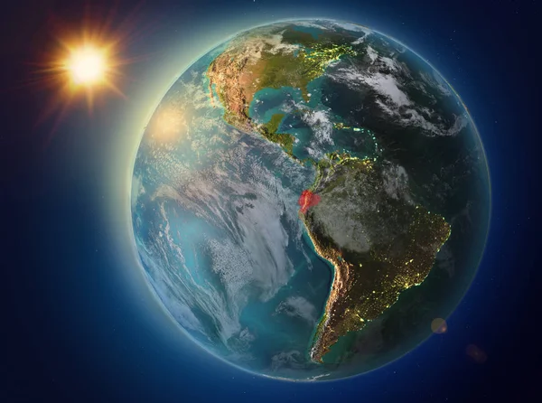 Захід Сонця Над Еквадор Виділено Червоним Кольором Планеті Земля Атмосферою — стокове фото