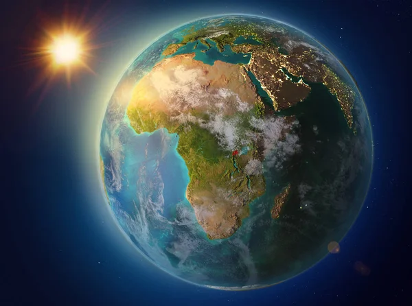Puesta Sol Sobre Ruanda Resaltada Rojo Planeta Tierra Con Atmósfera —  Fotos de Stock