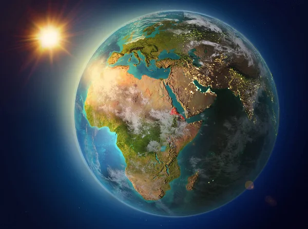 Günbatımı Red Planet Earth Atmosfer Bulutlar Ile Vurgulanmış Eritre Yukarıda — Stok fotoğraf