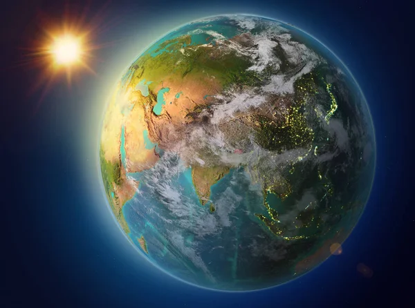 Pôr Sol Acima Butão Destacado Vermelho Planeta Terra Com Atmosfera — Fotografia de Stock