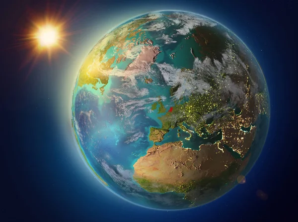 Puesta Sol Sobre Holanda Resaltada Rojo Planeta Tierra Con Atmósfera — Foto de Stock