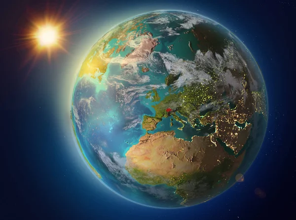 Pôr Sol Acima Suíça Destacado Vermelho Planeta Terra Com Atmosfera — Fotografia de Stock