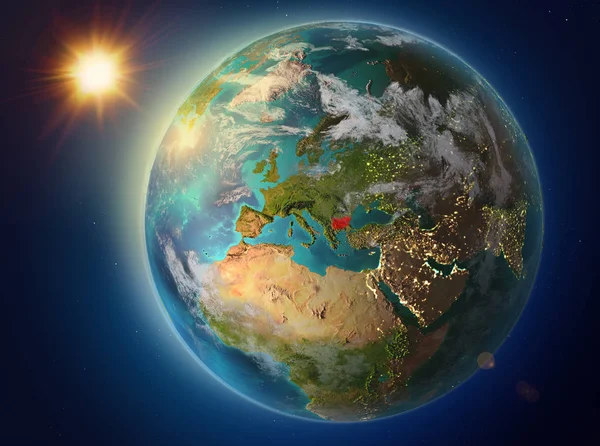 Günbatımı Red Planet Earth Atmosfer Bulutlar Ile Vurgulanmış Bulgaristan Yukarıda — Stok fotoğraf