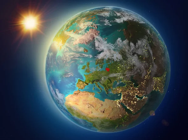 Günbatımı Red Planet Earth Atmosfer Bulutlar Ile Vurgulanmış Litvanya Yukarıda — Stok fotoğraf