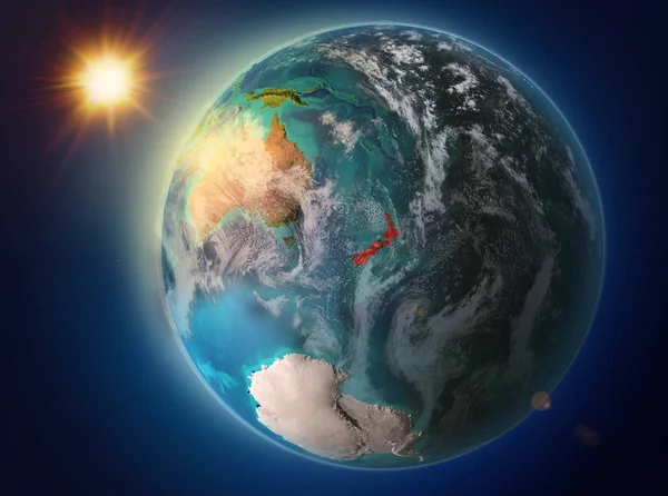 地球大気と雲の赤で強調表示されているニュージーランドの上夕日 イラスト Nasa から提供されたこのイメージの要素 — ストック写真