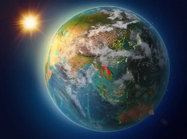 Solnedgången Över Laos Rödmarkerade Planeten Jorden Med Atmosfär Och Moln Stockfoto