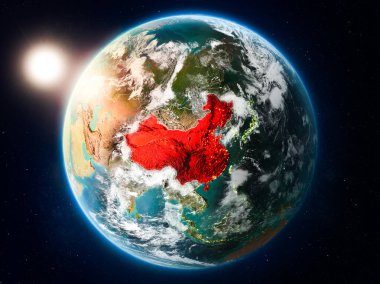 Günbatımı red Planet Earth bulutlar ve görünür ülke sınırları ile vurgulanmış Çin yukarıda. 3D çizim. Nasa tarafından döşenmiş bu görüntü unsurları.