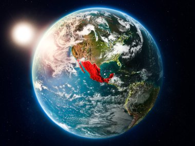 Günbatımı red Planet Earth bulutlar ve görünür ülke sınırları ile vurgulanmış Meksika yukarıda. 3D çizim. Nasa tarafından döşenmiş bu görüntü unsurları.