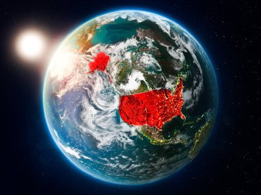 Günbatımı yukarıda ABD Planet Earth bulutlar ve görünür ülke sınırları ile kırmızı vurgulanır. 3D çizim. Nasa tarafından döşenmiş bu görüntü unsurları.