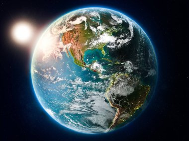 Günbatımı yukarıda El Salvador Planet Earth bulutlar ve görünür ülke sınırları ile kırmızı vurgulanır. 3D çizim. Nasa tarafından döşenmiş bu görüntü unsurları.