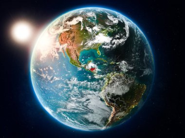Günbatımı red Planet Earth bulutlar ve görünür ülke sınırları ile vurgulanmış Honduras yukarıda. 3D çizim. Nasa tarafından döşenmiş bu görüntü unsurları.
