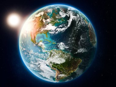Günbatımı yukarıda Porto Riko Planet Earth bulutlar ve görünür ülke sınırları ile kırmızı vurgulanır. 3D çizim. Nasa tarafından döşenmiş bu görüntü unsurları.