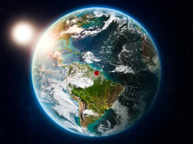 Günbatımı red Planet Earth bulutlar ve görünür ülke sınırları ile vurgulanmış Surinam yukarıda. 3D çizim. Nasa tarafından döşenmiş bu görüntü unsurları.