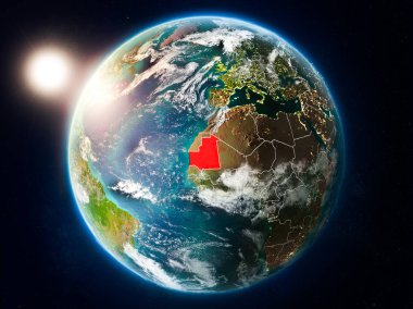 Günbatımı red Planet Earth bulutlar ve görünür ülke sınırları ile vurgulanmış Moritanya yukarıda. 3D çizim. Nasa tarafından döşenmiş bu görüntü unsurları.