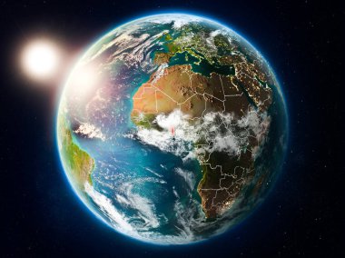 Günbatımı red Planet Earth bulutlar ve görünür ülke sınırları ile vurgulanmış Togo yukarıda. 3D çizim. Nasa tarafından döşenmiş bu görüntü unsurları.