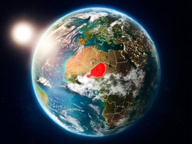 Günbatımı red Planet Earth bulutlar ve görünür ülke sınırları ile vurgulanmış Nijer yukarıda. 3D çizim. Nasa tarafından döşenmiş bu görüntü unsurları.