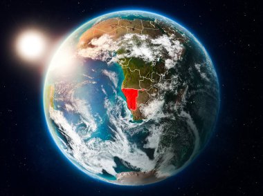 Günbatımı red Planet Earth bulutlar ve görünür ülke sınırları ile vurgulanmış Namibya yukarıda. 3D çizim. Nasa tarafından döşenmiş bu görüntü unsurları.