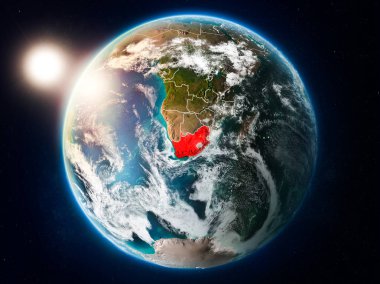 Günbatımı Güney Afrika Planet Earth bulutlar ve görünür ülke sınırları ile kırmızı vurgulanır yukarıda. 3D çizim. Nasa tarafından döşenmiş bu görüntü unsurları.