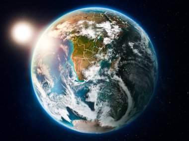 Günbatımı red Planet Earth bulutlar ve görünür ülke sınırları ile vurgulanmış Svaziland yukarıda. 3D çizim. Nasa tarafından döşenmiş bu görüntü unsurları.