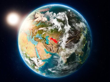 Günbatımı red Planet Earth bulutlar ve görünür ülke sınırları ile vurgulanmış Özbekistan yukarıda. 3D çizim. Nasa tarafından döşenmiş bu görüntü unsurları.