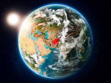 Günbatımı red Planet Earth bulutlar ve görünür ülke sınırları ile vurgulanmış Afganistan yukarıda. 3D çizim. Nasa tarafından döşenmiş bu görüntü unsurları.