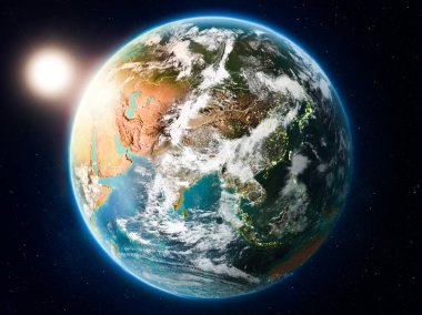 Günbatımı red Planet Earth bulutlar ve görünür ülke sınırları ile vurgulanmış Bhutan yukarıda. 3D çizim. Nasa tarafından döşenmiş bu görüntü unsurları.