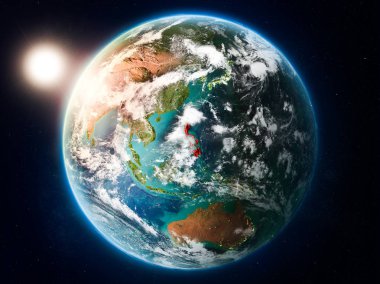 Günbatımı red Planet Earth bulutlar ve görünür ülke sınırları ile vurgulanmış Filipinler yukarıda. 3D çizim. Nasa tarafından döşenmiş bu görüntü unsurları.