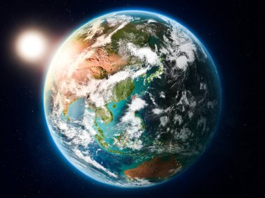 Günbatımı yukarıda Tayvan red Planet Earth bulutlar ve görünür ülke sınırları ile vurgulanır. 3D çizim. Nasa tarafından döşenmiş bu görüntü unsurları.