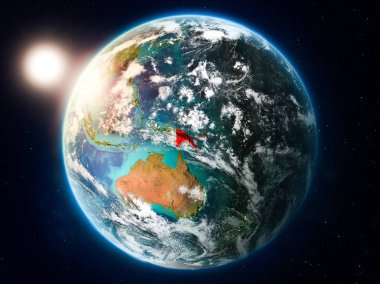 Papua Yeni Gine kırmızı Planet Earth bulutlar ve görünür ülke sınırları ile vurgulanan yukarıda gün batımı. 3D çizim. Nasa tarafından döşenmiş bu görüntü unsurları.