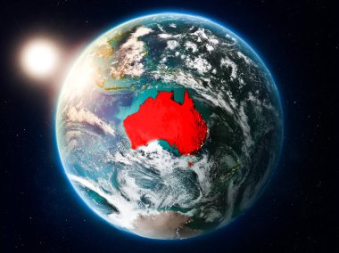 Günbatımı red Planet Earth bulutlar ve görünür ülke sınırları ile vurgulanmış Avustralya yukarıda. 3D çizim. Nasa tarafından döşenmiş bu görüntü unsurları.